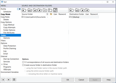 AllSync Profile Properties - Source and Destination Folders